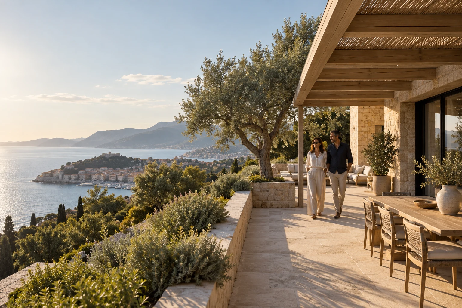 Illustration : un couple sur une terrasse méditerranéenne face à la mer