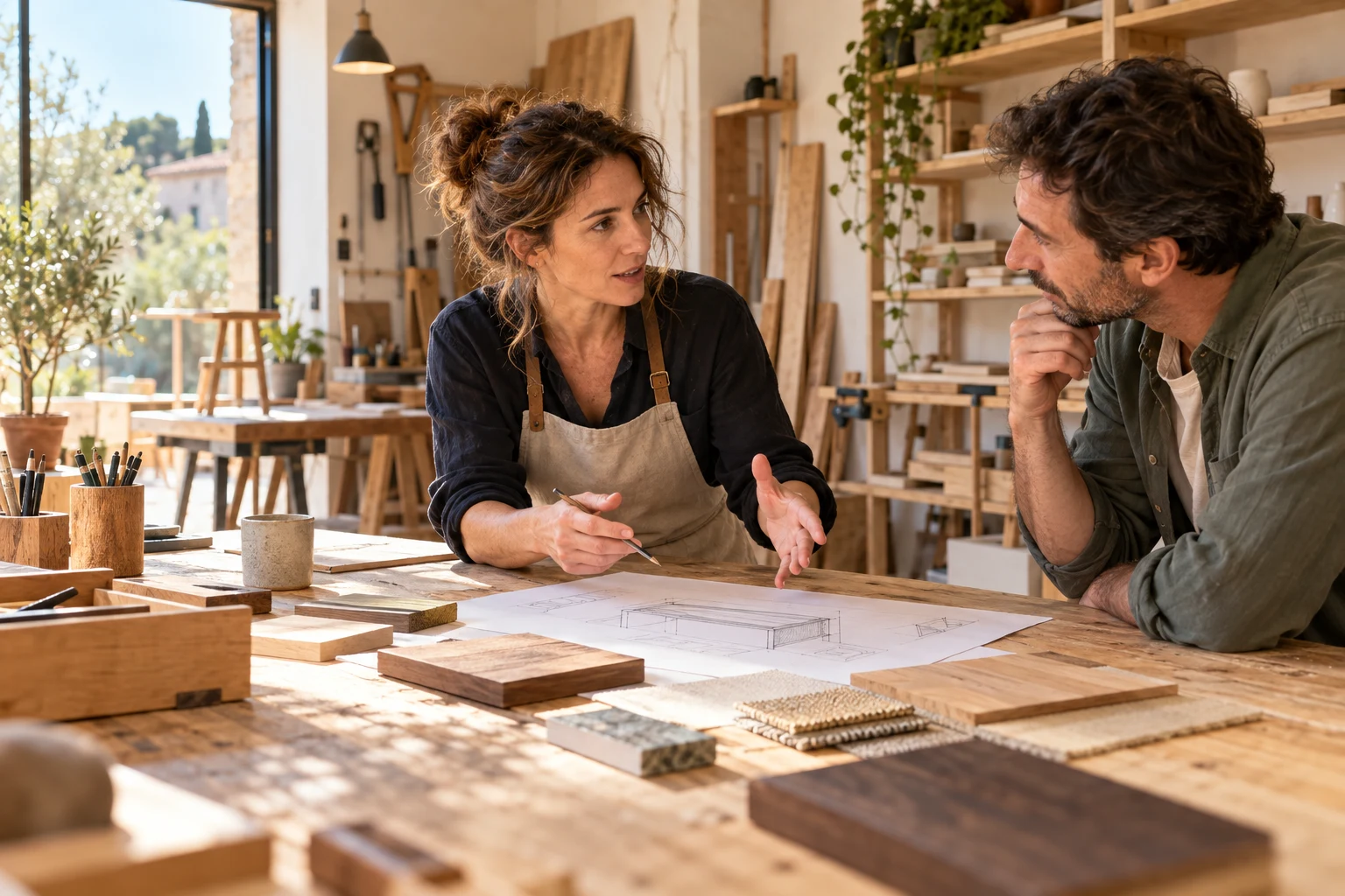 Illustration : deux entrepreneurs échangent dans un atelier